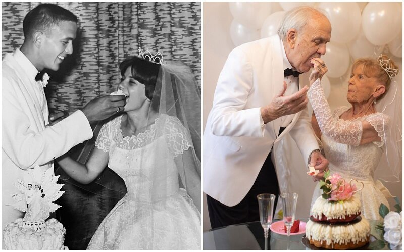 59 évvel a lagzijuk után újraalkották esküvői fotóikat - az idős néni az eredeti menyasszonyi ruháját viselte